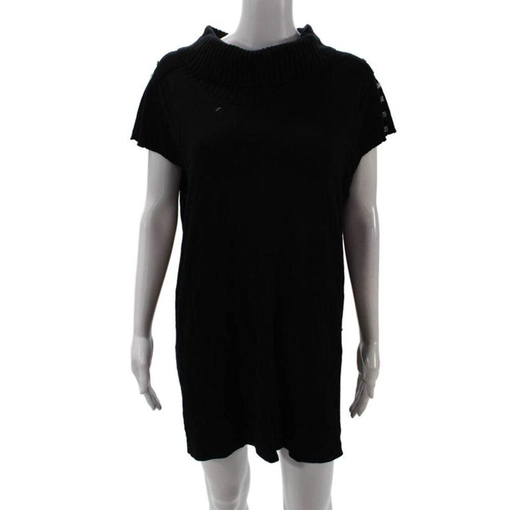 Iisli Women Sweater Dress Black Turtleneck Short Sleeve Wool Size L